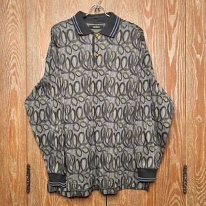 Bachrach Mens Long Sleeve Polo Shirt Geometric‎ Pattern Button Neck Casual Top L